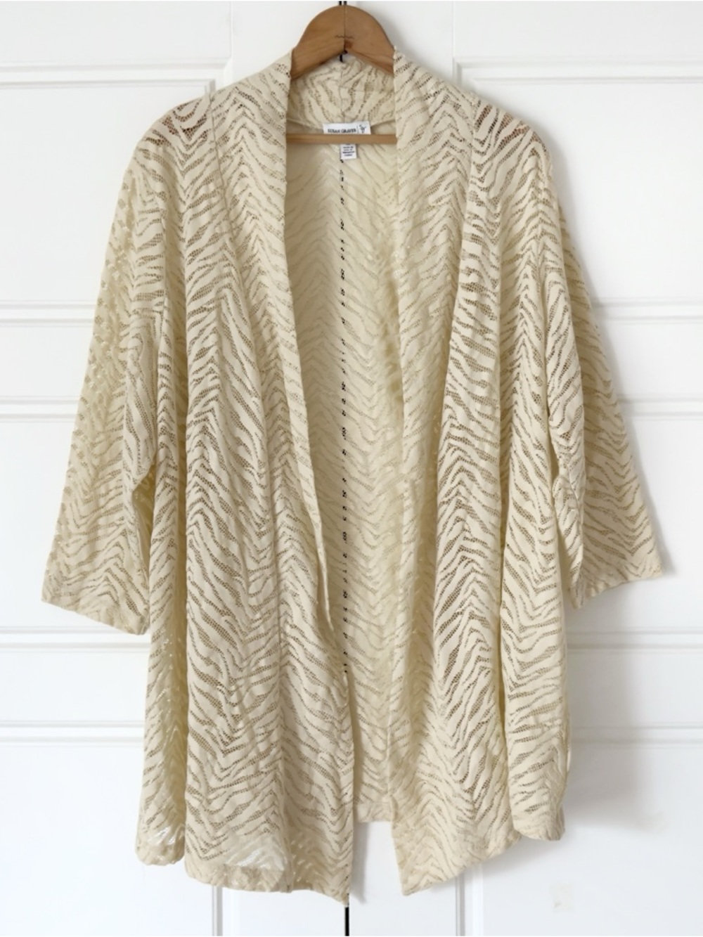 Susan Graver Open Front Lace Cardigan 2X Cream Sheer Animal Print Lightweight